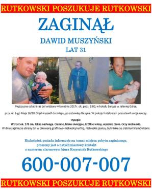 Krzysztof Rutkowski: Poszukiwany 31-letni Dawid Muszyński z Wielunia pojawia się w jeleniogórskich hotelach. Każdy, kto go rozpozna proszony jest o kontakt pod numerem alarmowym