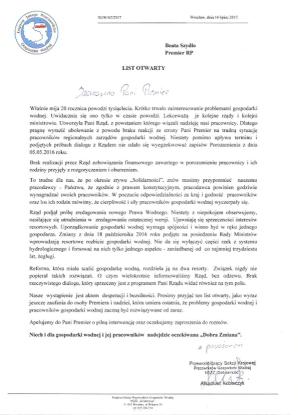Protest pracowników gospodarki wodnej. List otwarty do Premier Beaty Szydło w związku z niedotrzymaniem przez Rząd ustaleń porozumienia majowego